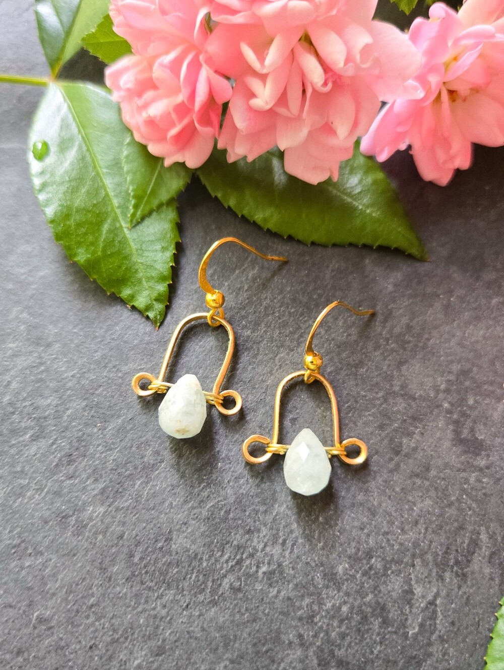 NWT Artisan-Made Aquamarine Dainty Brass Frame Earrings